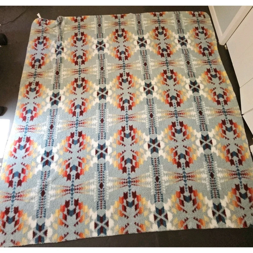 Pendleton Sherpa QUEEN Fleece Blanket Aztec Legend Lake Aqua Blue Sky Southwest